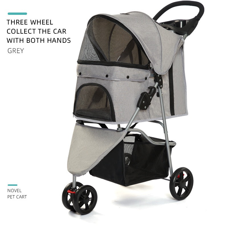 Lightweight & Foldable 3-Wheel Pet Stroller - Premium Travel Carriage for Small Dogs & Cats, Easy Fold & Storage