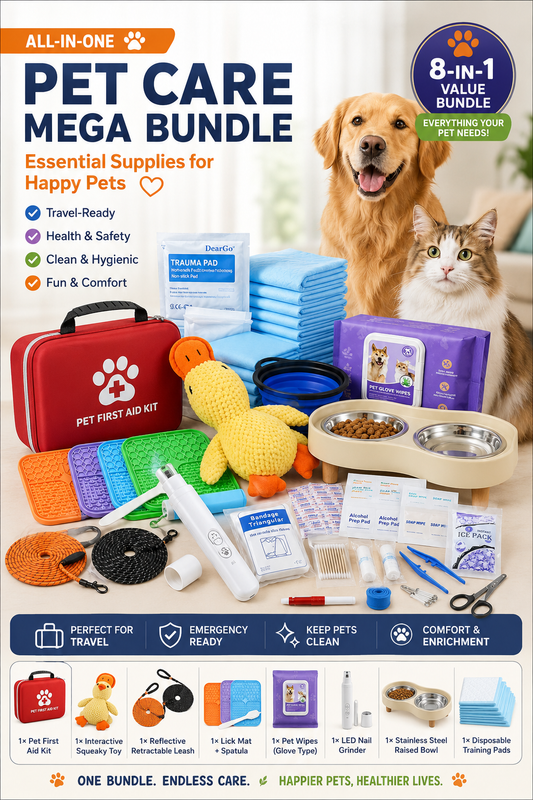 All-in-One Pet Care Mega Bundle - 8-in-1 Essential Kit for Dogs & Cats, Includes First Aid Kit, Feeding Bowl, Toys & Travel Supplies for Home & Emergency Use