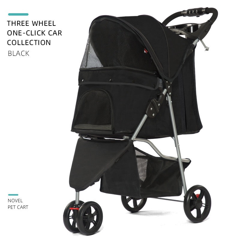 Lightweight & Foldable 3-Wheel Pet Stroller - Premium Travel Carriage for Small Dogs & Cats, Easy Fold & Storage