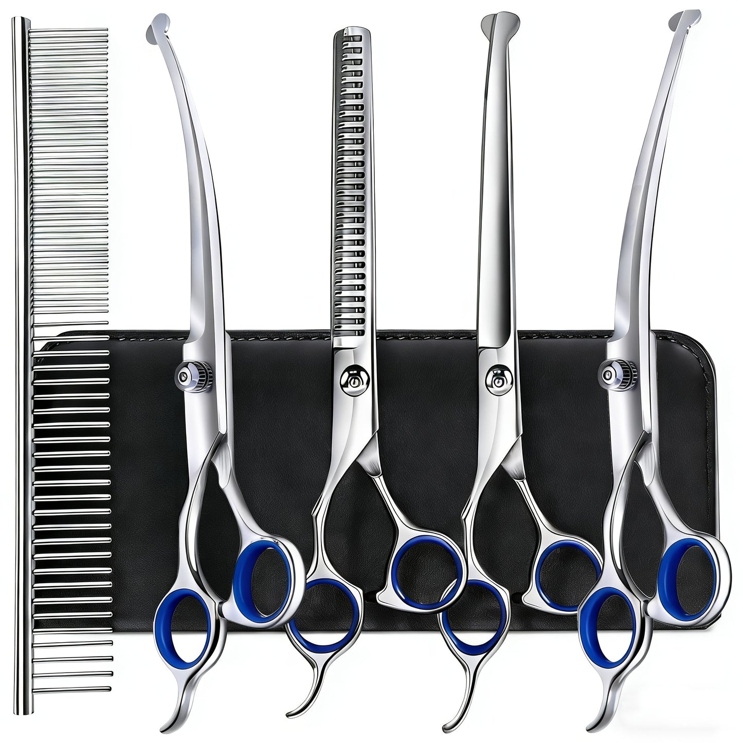 Professional 7-Piece Pet Grooming Scissors Set - Heavy Duty Stainless Steel Dog Grooming Kit with Safety Round Tips, Thinning & Curved Shears for Dogs & Cats