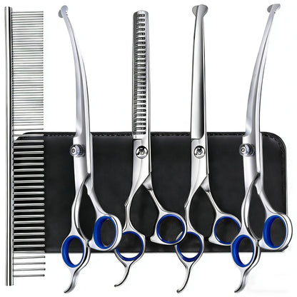 Professional 7-Piece Pet Grooming Scissors Set - Heavy Duty Stainless Steel Dog Grooming Kit with Safety Round Tips, Thinning & Curved Shears for Dogs & Cats
