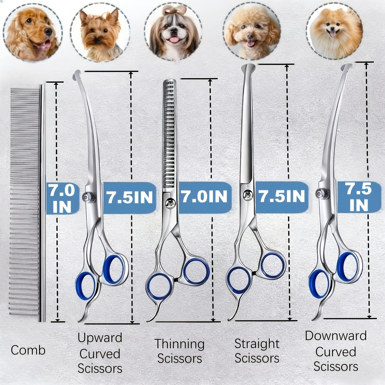 Professional 7-Piece Pet Grooming Scissors Set - Heavy Duty Stainless Steel Dog Grooming Kit with Safety Round Tips, Thinning & Curved Shears for Dogs & Cats