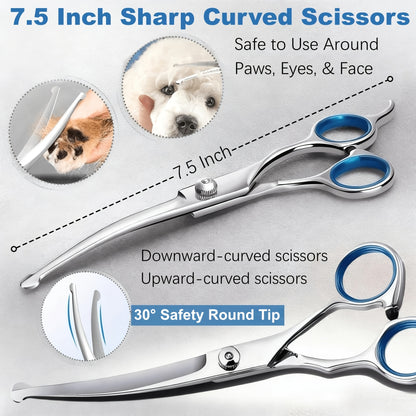 Professional 7-Piece Pet Grooming Scissors Set - Heavy Duty Stainless Steel Dog Grooming Kit with Safety Round Tips, Thinning & Curved Shears for Dogs & Cats