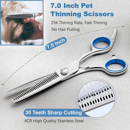 Professional 7-Piece Pet Grooming Scissors Set - Heavy Duty Stainless Steel Dog Grooming Kit with Safety Round Tips, Thinning & Curved Shears for Dogs & Cats