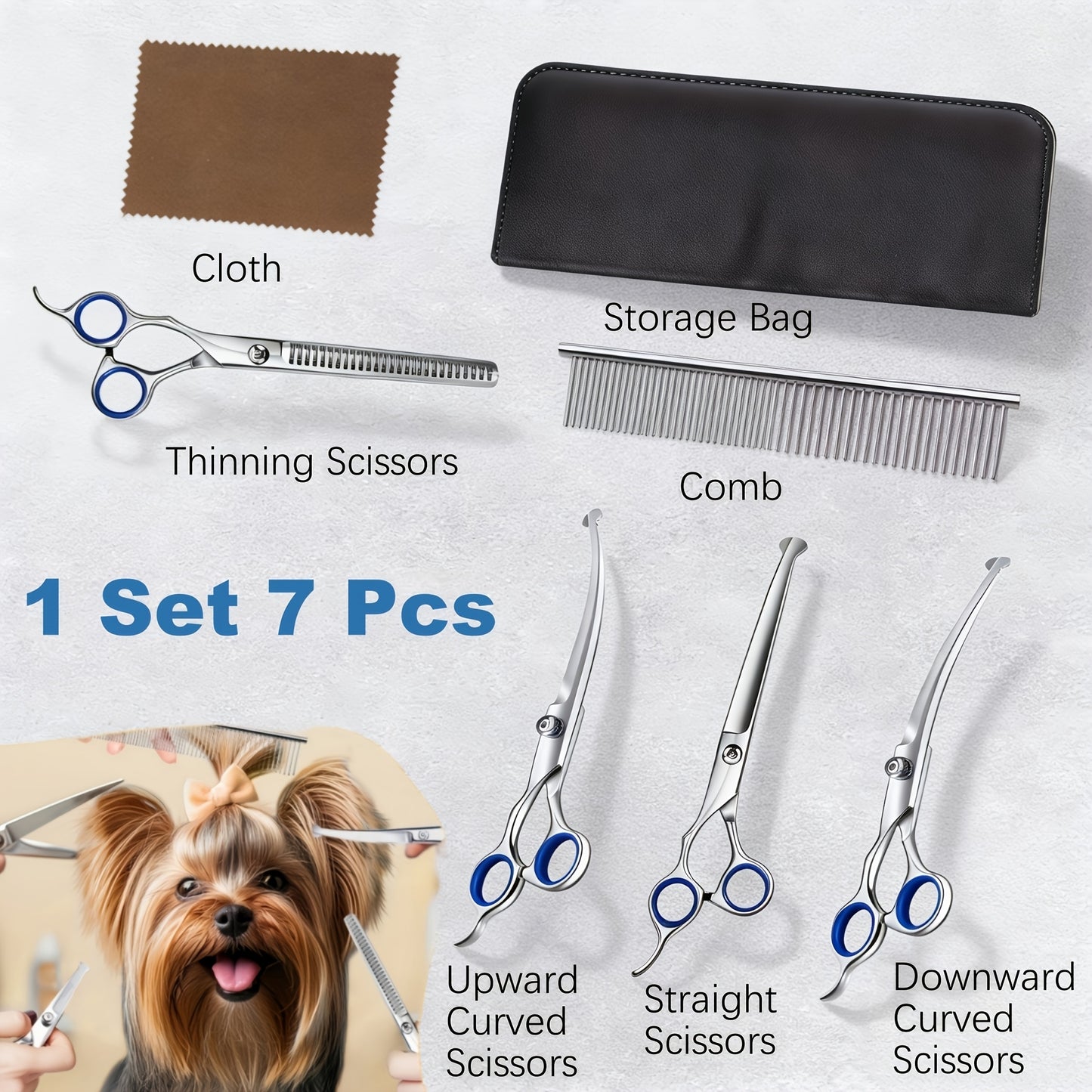 Professional 7-Piece Pet Grooming Scissors Set - Heavy Duty Stainless Steel Dog Grooming Kit with Safety Round Tips, Thinning & Curved Shears for Dogs & Cats