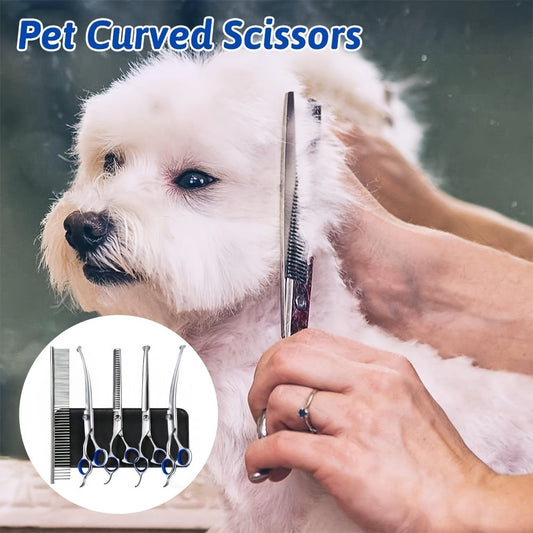Professional 7-Piece Pet Grooming Scissors Set - Heavy Duty Stainless Steel Dog Grooming Kit with Safety Round Tips, Thinning & Curved Shears for Dogs & Cats