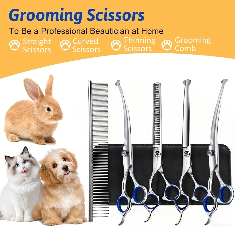 Professional 7-Piece Pet Grooming Scissors Set - Heavy Duty Stainless Steel Dog Grooming Kit with Safety Round Tips, Thinning & Curved Shears for Dogs & Cats