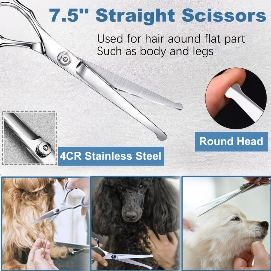 Professional 7-Piece Pet Grooming Scissors Set - Heavy Duty Stainless Steel Dog Grooming Kit with Safety Round Tips, Thinning & Curved Shears for Dogs & Cats