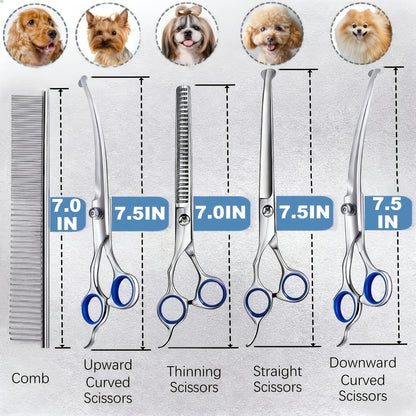 Professional 7-Piece Pet Grooming Scissors Set - Heavy Duty Stainless Steel Dog Grooming Kit with Safety Round Tips, Thinning & Curved Shears for Dogs & Cats
