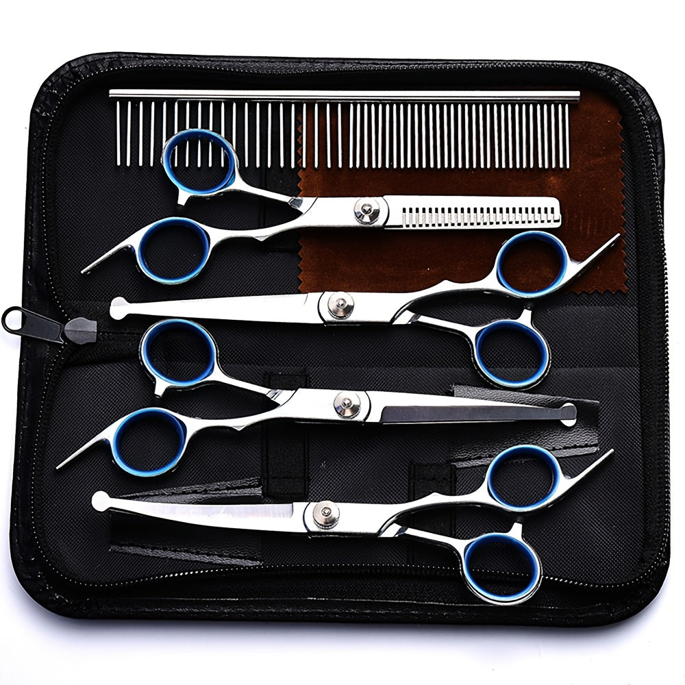 Professional 7-Piece Pet Grooming Scissors Set - Heavy Duty Stainless Steel Dog Grooming Kit with Safety Round Tips, Thinning & Curved Shears for Dogs & Cats