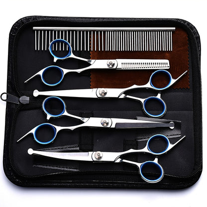 Professional 7-Piece Pet Grooming Scissors Set - Heavy Duty Stainless Steel Dog Grooming Kit with Safety Round Tips, Thinning & Curved Shears for Dogs & Cats