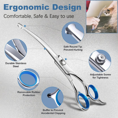 Professional 7-Piece Pet Grooming Scissors Set - Heavy Duty Stainless Steel Dog Grooming Kit with Safety Round Tips, Thinning & Curved Shears for Dogs & Cats