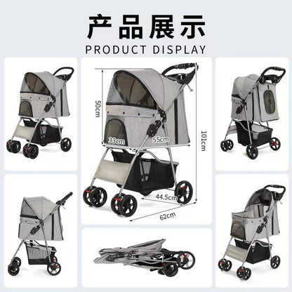 Lightweight & Foldable 3-Wheel Pet Stroller - Premium Travel Carriage for Small Dogs & Cats, Easy Fold & Storage