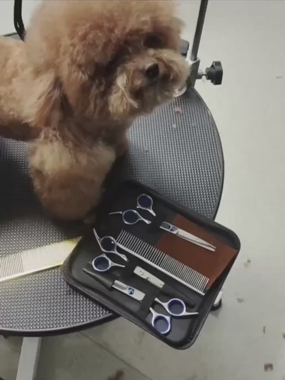 Professional 7-Piece Pet Grooming Scissors Set - Heavy Duty Stainless Steel Dog Grooming Kit with Safety Round Tips, Thinning & Curved Shears for Dogs & Cats